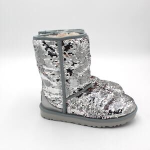 UGG Classic Short Sparkles Sequin Boots Womens Size 7 Silver Pink Shearling
